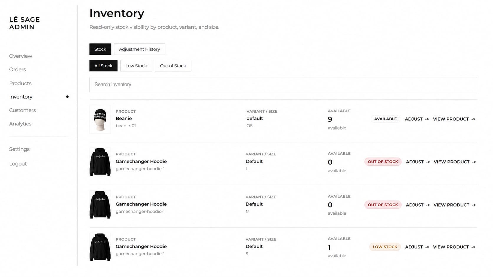 Lé Sage MNL admin and inventory control interface