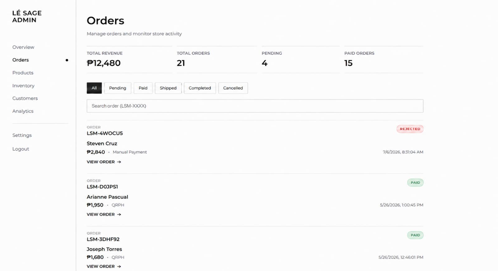 Lé Sage MNL admin and order management interface